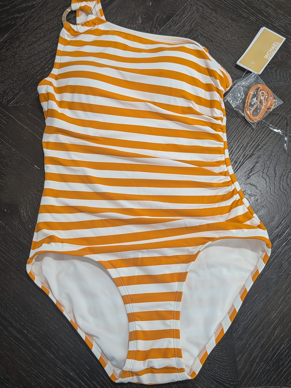 Old Money Michael Kors One-Shoulder White and Orange Striped Swimsuit